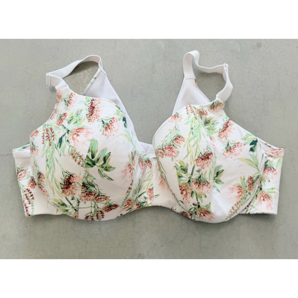 Cacique 42DD T-Shirt Bra White Floral, Adjustable Straps Hook & Eye Back